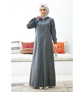 6463-Kapşonlu Denim Ferace Gri