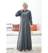 6463-Kapşonlu Denim Ferace Gri