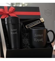 İsme Özel Çelik Termos Usb Çakmak Kupa Erkek & Kadın Lüks Hediye Seti - Premium Hediye Paketli