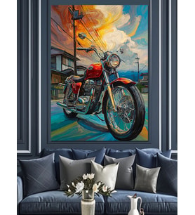 Vintage Motosiklet Sokak Manzarası Dekoratif Kanvas - Mdf Ahşap Tablo