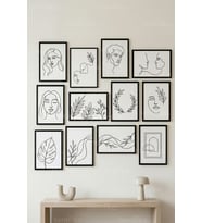 12 Parça Line Art Yüz ve Botanik 2 Renk Seçenekli Dekoratif Çerçeve Görünümlü Tablo Seti