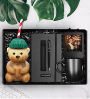 Bearista Şapkalı Pipetli Ayıcık Cam Bardak & Kişiye Özel Defter & Deri Kılıflı Touch Pen Kalem & Siyah Kupa & Çerçeve Hediye Seti