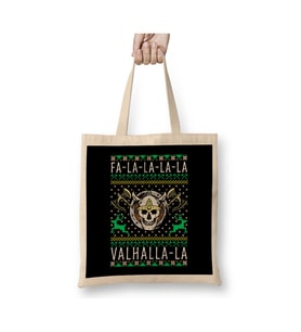 Fa La La La Valhalla La Viking Knit Yılbaşı Beyaz Bez Çanta Uzun Saplı Alışveriş Çantası
