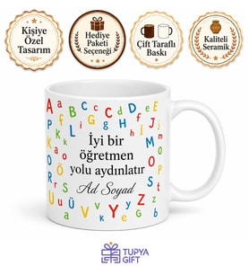 İsimli ABC Desenli İngilizce Öğretmeni Kupası Hediye Bardak Özel Tasarım