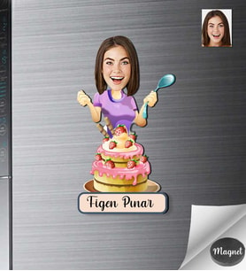 Kişiye Özel Pastacı Kadın Ahşap Magnet -1
