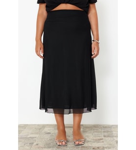 Moda Büyük Beden Regular Düz Desen Günlük Midi Boy Astarlı Tül Maxi Örme Etek