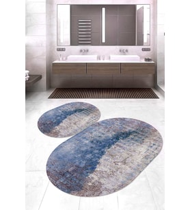 Dijital Baskılı Kaymaz Taban Yıkanabilir Oval 2'li Klozet Takımı Banyo Paspası NOKZ-HT-740 (Mavi)