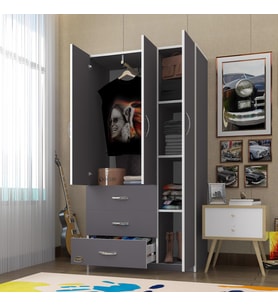 Kenzlife gardırop 3 kapılı 3 çekmeceli civanperçemi 180*120*52 gri XLARGE kapaklı gardolap dolap