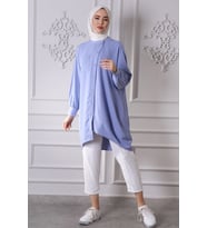 Loreen 20364 Yakası Ve Kol Ağzı Ribanalı Ön Düğmeli Cep Detaylı Asimetrik Ayrobin Tunik İNDİGO