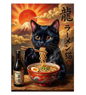 Ramen Yiyen Japon Kara Kedi Dekoratif Kanvas - Mdf Ahşap Tablo