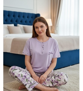 Mihra Kadın Ring Viskon Düğmeli Yaka Kısa Kol Likralı Pijama Takımı 40112M - 1 Adet