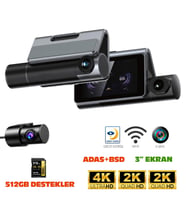 Navimex DVR-413 3" Araç İçi Kamerası Dvr Wi-Fi Lcd Ekranlı Gece Görüşlü Adas+Bsd 3 Kameralı 4K+2K+2K
