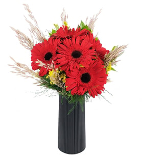Siyah Polimer Vazoda Kırmızı Gerbera Çiçekleri