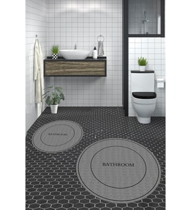 EVDEYA Dijital Baskılı Yıkanabilir Sade Bathroom Yazılı Yuvarlak Banyo Paspası Klozet Takımı, YKLOZET-4-GRİ, (Gri)