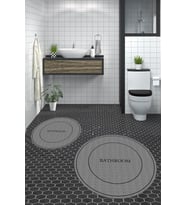EVDEYA Dijital Baskılı Yıkanabilir Sade Bathroom Yazılı Yuvarlak Banyo Paspası Klozet Takımı, YKLOZET-4-GRİ, (Gri)