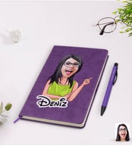 BK Gift Kişiye Özel Kadın Karikatürlü Mor Termo Deri Defter Kalem Seti Model 19