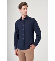 Lacivert Tulum Yaka Uzun Kol Cepsiz Örme Slim Fit Pamuklu Gömlek 1004260208