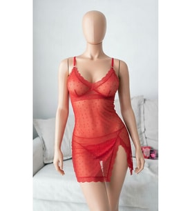 Kadın Kırmızı Tül Gecelik Fantazi Babydoll Takımı Dantelli Mini Gecelik - 1071