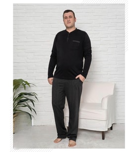 Pijamoni Erkek Battal Düğme Yaka Penye Uzun Kol  Pijama Takımı 6720/17 - 1 Adet (Siyah)
