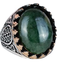 925 Ayar Katı Gümüş Erkek Yüzük Doğal Taşlarla - El Yapımı Şıklık (Cabochon Zümrüt Taşı)