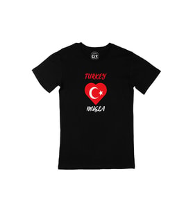 Muğla Türkiye Bayraklı Kalpli Siyah Tişört