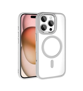Apple iPhone 16 Pro Uyumlu Kılıf Wireless Şarj Özellikli Zore Krom M-safe Silikon Kapak (Gümüş)