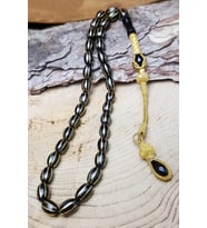 Altın Kaplama Gümüş Kazaz Püsküllü 7.5x10.5mm Oltutaşı Tesbih, Oltu Tesbih (Siyah)