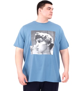 Mode XL Büyük Beden Erkek T-Shirt Bisiklet Yaka STATUE U25027 Mavi
