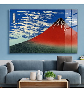 Hokusai Red Fuji Fine Wind Clear Morning Japon Sanatı Temperli Cam Dekoratif Duvar Tablosu