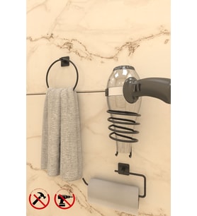 Jasmin Yapışkanlı Siyah Kare 3'lü Banyo Seti Solo Havluluk, Halka Havluluk, Kare Fön Askısı