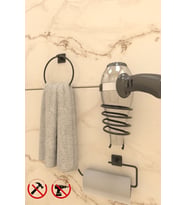 Jasmin Yapışkanlı Siyah Kare 3'lü Banyo Seti Solo Havluluk, Halka Havluluk, Kare Fön Askısı