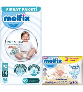 Molfix Premium Bebek Bezi Beden:4 (7-14KG) Maxi 54 Adet Fırsat Pk + 3 Adet Islak Mendil