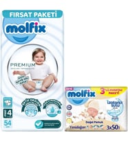 Molfix Premium Bebek Bezi Beden:4 (7-14KG) Maxi 54 Adet Fırsat Pk + 3 Adet Islak Mendil