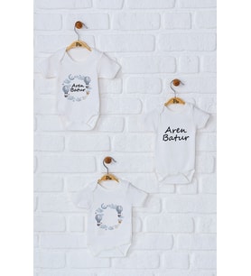 Pia Baby Premium %100 Pamuk İsme Özel Organik Baskılı Üçlü Set Çıtçıtlı Bebek Body Zıbın Modelleri 5009-18 (Ekru)