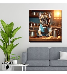 Kare Kanvas Kahve Köşesi Cafe Tablosu Barista Fransız Buldog