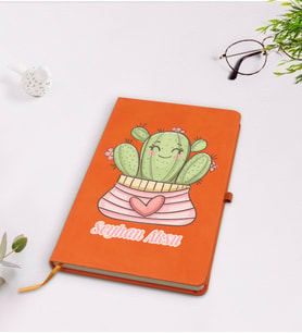 BK Gift Kişiye Özel Kaktüs Tasarımlı Turuncu Termo Deri Defter Model 2