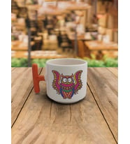 Uçan Baykuş Baskılı Turuncu Kulplu T Kupa (Beyaz)