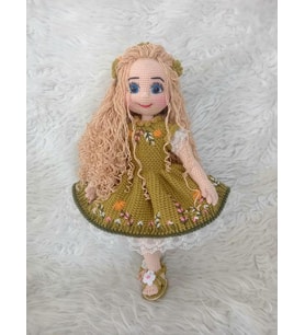 Sarı Saçlı Fıstık Yeşili Yaz Güzeli Bebek Amigurumi Organik Oyuncak