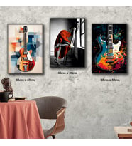 boyalı gitar kırmızı kadın tablosu 3 adet 35cmx50cm kumaş baskılı canvas tablo