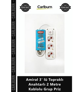 Özel Üretim Beyaz Uzatma Kablosu Güçlü Amiral 3' lü Topraklı Anahtarlı 2 Metre Kablolu Grup Priz