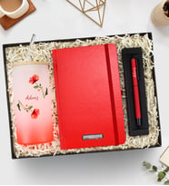 Kişiye Özel Pipetli Buzlu Cam Bardak & Mat Roller Kalem & Kırmızı Defter Hediye Seti