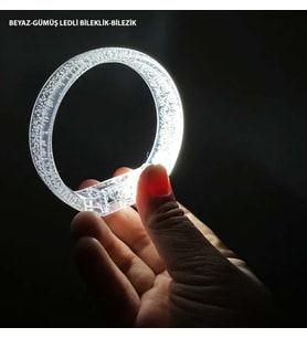 Beyaz-Gümüş Led Işıklı Baskı Yapılabilen Pilli Bileklik Bilezik 1,5 cm Genişlik