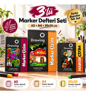DreamArt Galery Marker Çizim Defteri 3'lü Set A5 A4 20x20 cm Spiralli