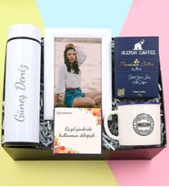 Kişiye Özel 500 ML Beyaz Renk Dereceli Çelik Termos & Beyaz Çerçeve & Mavi Renk Detaylı Vintage Kupa & Alerya Premium Filtre Kahve Hediye Seti