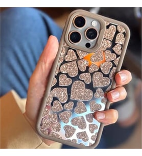 Coverzone iPhone 16 K?l?f ile uyumlu I??lt?l? Kalpli K?l?f? Aynal?Arka Kapak Simli Kalpli Desen Yumu?ak Kenar Koruma Heart ??k ve Parlak Tasar?m Brown