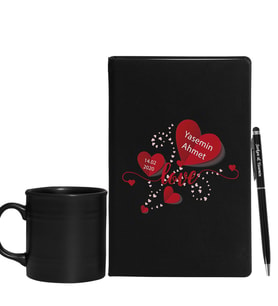 Sevgililer Gününe Özel Siyah Defter Kalem & Varil Kupa Hediye Seti 22