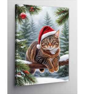 Kanvas Tablo Noel Baba Şapkalı Kedi
