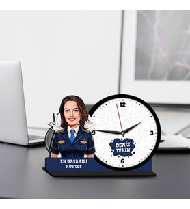 Kadın Hostese Hediye Karikatürlü MDF Masa Saati