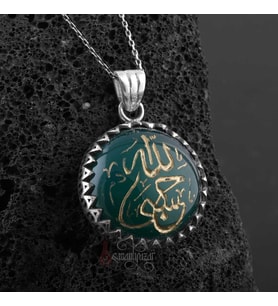 El Yazısı Hasbiyallah Yazılı Yeşil Akik Taşı 925 Ayar Gümüş Kolye