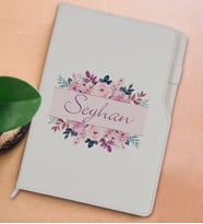 BK Gift Kişiye Özel Çiçek Tasarımlı Beyaz Termo Deri Not Defteri 15x21cm-22